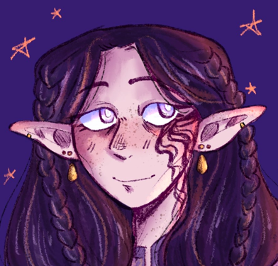 Twinkish older elf with purple hair and silver eyes, looks like he would taste like blueberries if you put him in a blender.