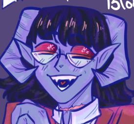 Purple tiefling with red eyes and glasses, looking way too excited about the concept of murder.